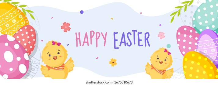 Happy Easter Text with Cartoon Cute Chicks, Flowers, Leaves and Painted Eggs Decorated on White and Light Blue Background.