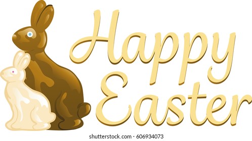 Happy Easter text with chocolate bunnies