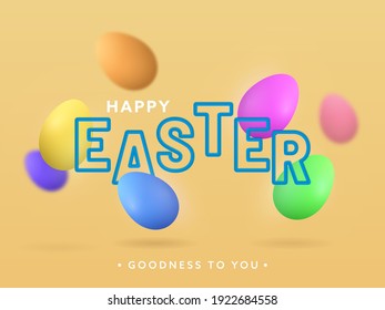 Feliz Texto De Pascua Con Huevos Coloridos Decorados En Fondo Amarillo.