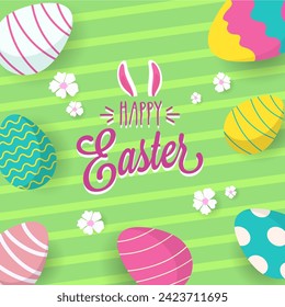 Happy Easter Text with Colorful Painted Eggs and Flower Decorated Green Stripes Background.