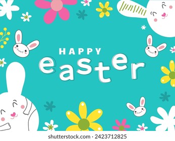 Happy Easter Text, Cute Bunny Face and Flower Decorate Turquoise Background.