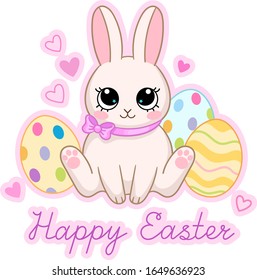 Happy Easter text. Cute little bunny with colorful eggs and hearts. Symbol of Christians holiday. Vector isolated