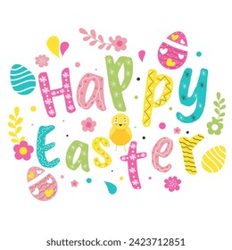 Happy Easter Text Decorated Egg and Floral, Cute Baby Chicken. Can Be Used Greeting Card Design.