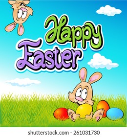 Texto feliz de Pascua - diseño con conejito, huevos y fondo de primavera