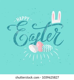 Happy Easter text design with eggs and bunny. Vector illustration. Happy Easter decorations in calligraphy style, pastel color. Template for a poster, cards, banner. Greeting design in flat style.