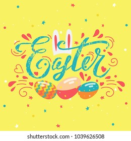 Happy Easter text design with eggs and bunny. Vector illustration. Happy Easter decorations in calligraphy style, pastel color. Template for a poster, cards, banner. Greeting design in flat style.