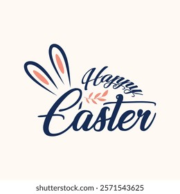 Happy Easter text design. Happy Easter typography design with bunnies, eggs and flowers. Modern minimal style greetings card. Easter web header.