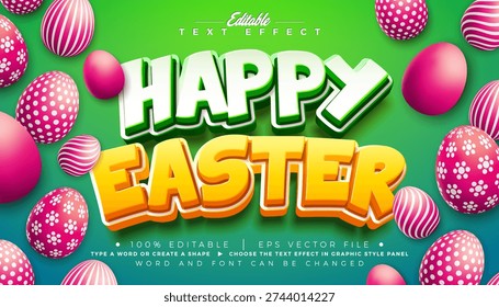 Happy Easter Text Effect Design Editable Vector Graphic Style with 3D Typography Lettering and Painted Eggs on Green Background. Christian Religious Holiday Scalable Illustration Template for Greeting Card, Flyer, Banner, Celebration Poster or Party Invitation