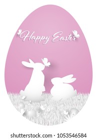 Happy Easter text with Easter egg and a couple of rabbits on grass with butterfly and flowers in white tones on light pink background. Digital craft design in paper art style. Vector illustration.