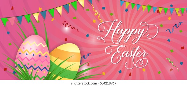 Happy Easter text with egg and garlands