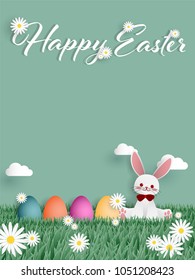 Happy Easter text with Easter egg on grass with a rabbit sitting on grass field with white flowers on light green background with tiny clouds. Digital craft design in paper art style.