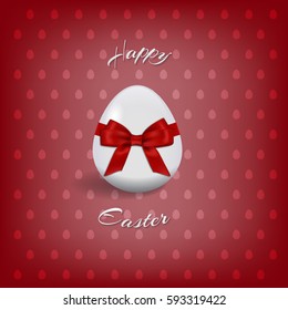 Happy Easter text and easter egg with red ribbon and bow tie for Pascha holiday greeting card template. Vector illustration.
