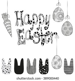 Happy Easter text. Easter eggs and Easter bunnies. Zentangle patterns. Sketch by trace. Hand-drawn, ethnic, floral, doodle, vector, tribal design elements. Black and white. For coloring book.