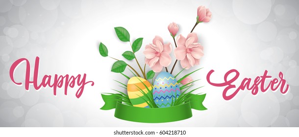 Happy Easter text with eggs and flowers