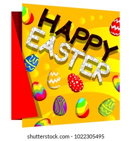 Happy Easter text and eggs on banner with floral elements. Vector illustration.