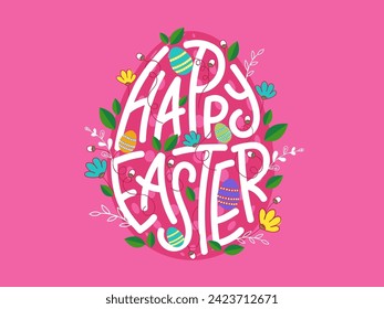 Happy Easter Text with Floral Decorate Egg Shape on Pink Background. Can Be Used Greeting Card Design.