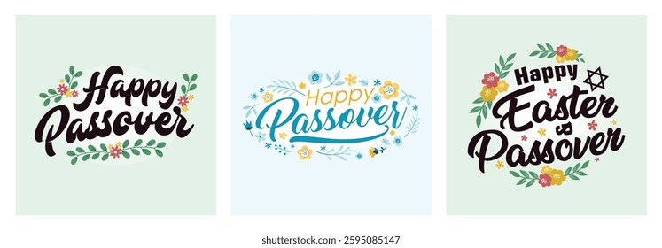 Happy Easter text with flowers and leaves. Christian religious celebration. Passover Day concept. Set flat vector illustration.