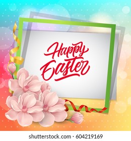 Happy Easter text with frame and flowers