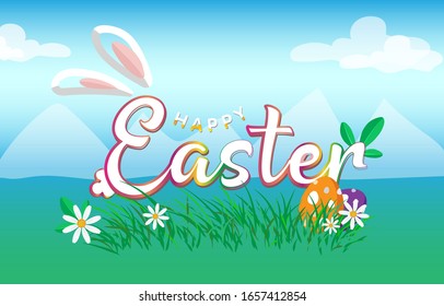 Happy Easter text full color with rabbit and egg in the natural background