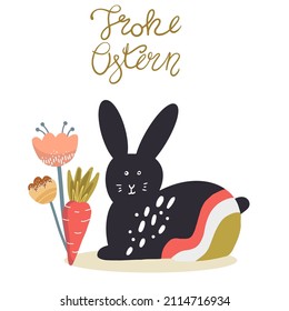 Happy Easter text in German Frohe Ostern with hare, silhouette, rabbit, decorated with rainbow, boho flowers, carrot, hand drawn, invitation. 