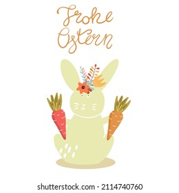 Happy Easter text in German Frohe Ostern with hare, silhouette, rabbit, boho colors, carrots, hand drawn, invitation. 