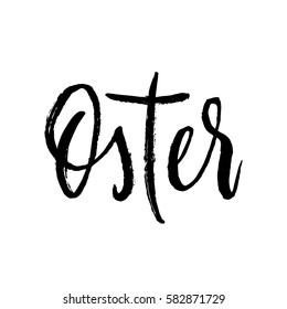 Happy Easter text in German on white background for Pascha holiday greeting card. Ostern calligraphy lettering