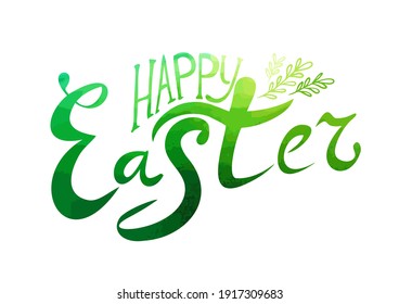 Happy Easter text. Green postcard with rabbit. Mixed media. Vector illustration