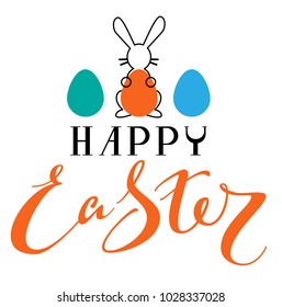 Happy Easter text greeting card. Rabbit Silhouette holding colored egg symbol Easter. Isolated on white vector cartoon illustration