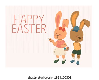 Happy Easter text, greeting card with cartoon Easter bunnies. A hare girl with a basket of eggs and a hare boy.