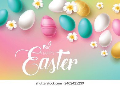 Feliz diseño vectorial de saludo de texto de Pascua. Huevos de Pascua cazan tarjetas de felicitación con elementos de huevo pastel en color para el fondo de la temporada de vacaciones. Ilustración vectorial tarjeta de felicitación de huevo de Pascua. 
