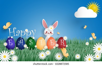 Happy Easter text with a group rainbow egg and a rabbit on grass field with butterfly and white flowers with blue sky and sun with clouds. Digital craft design in paper art style. Vector illustration.