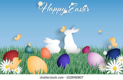 Happy Easter text with a group rainbow egg and a rabbit on grass field with butterfly and white flowers with blue sky. Digital craft design in paper art style. Vector illustration.