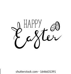 Happy easter text. hand drawn Happy easter lettering with bunny ears and eggs isolated on a white background. Vector letters.