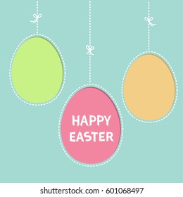 Happy Easter text. Hanging painted egg set. Dash line with bows. Three painting egg shell. Greeting card. Flat design style. Cute decoration element. pastel color background. Vector illustration