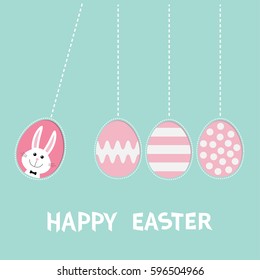 Happy Easter text. Hanging pink painting pattern egg set. Bunny rabbit hare. Dash line. Perpetual motion mobile. Greeting card. Flat design. Cute decoration element. Pastel color background. Vector 