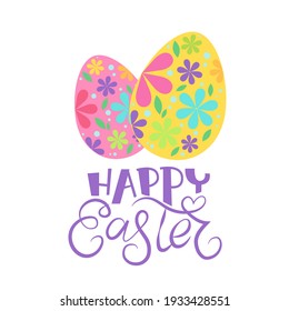 Happy Easter text illustration with cute eggs. Hand drawn flat cartoon elements. Spring Vector illustration