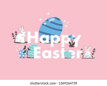 Happy Easter Text with illustration of easter eggs and rabbits vector