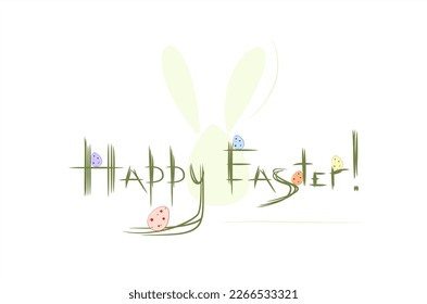 Happy Easter. Text. Inscription. Lettering with lines. Hare on the background. Easter eggs.