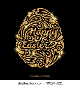 Happy Easter Text Inside Egg. Vector Illustration. Greeting card template design. Abstract Shining Gold on Black Background.