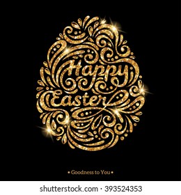 Happy Easter Text Inside Egg. Vector Illustration. Greeting card template design. Abstract Shining Gold on Black Background.