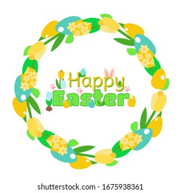 Happy Easter text inside an Easter wreath of spring flowers of hyacinths, tulips and decorative eggs. Illustration in yellow, blue and green colors. Feeling of hope, joy and celebration.