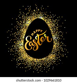 Happy Easter text isolated on textured background with golden confetti. Hand drawn lettering as Easter logo, badge, icon. Template for Happy Easter Day, party invitation, greeting card, web, postcard.