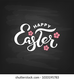 Happy Easter text isolated on textured background. Hand drawn lettering as Easter logo, badge, icon. Template for Happy Easter Day, party invitation, greeting card, web, postcard. Vector illustration.