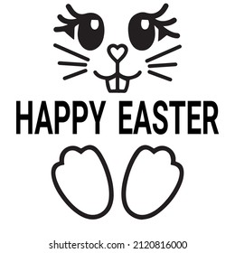 Happy Easter text lettering with bunny illustration isolated on white background. Usable for greeting card, banner, and background.