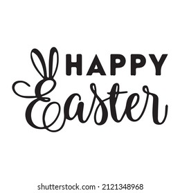 Happy Easter text lettering with bunny illustration isolated on white background. Usable for greeting card, banner, and background.