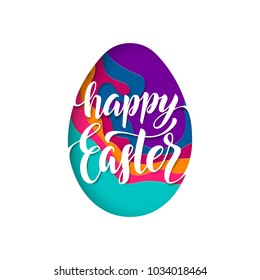 Happy Easter text lettering in colored Easter egg. Vector paper cut design for holiday greeting card. Easter papercut egg illustration isolated on white background for poster, banner or flyer