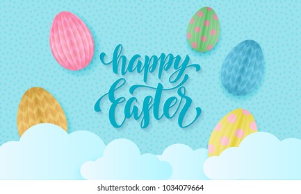 Happy Easter text lettering with cute color paper cut Easter egg and clouds on blue sky background. Vector Easter greeting card text with cartoon papercut illustration for poster, banner or flyer