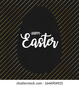 Happy Easter text lettering with gold lines and silhouette of blank paschal egg at black grunge background. Vector illustration.