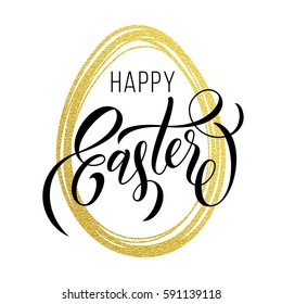 Happy Easter text lettering with gold glitter paschal egg shape on white background. Vector illustration for greeting holiday card