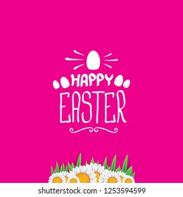 happy easter text lettering on pink background with spring flowers and grass. vector Happy Easter doodle typography background with greeting text and easter egg.